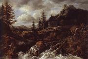 Jacob van Ruisdael Waterfall in a Mountainous Landscape with a Ruined castle Spain oil painting artist